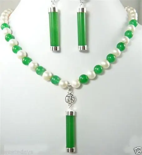 

Jewelry 001207 Fashion jewellery set Green jade&white freshwater pearl necklace earring