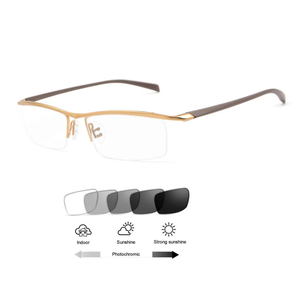 

TR90 Titanium Alloy Gray Photochromic Transition Reading Sunglasses Half Rimless Reading Glasses +100 +125 +150 +175 +200 +225