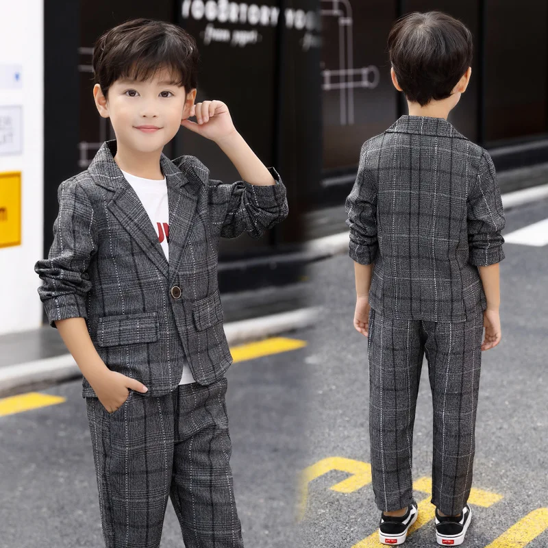 Fashion Children's Blazer Suit Baby Boys Plaid Blazer Coat+pants 2Pcs