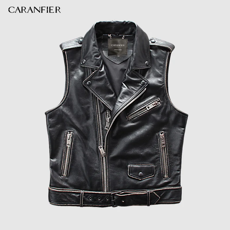 Мужской мотоциклетный жилет CARANFIER 100% из воловьей кожи брендовый Байкерский без