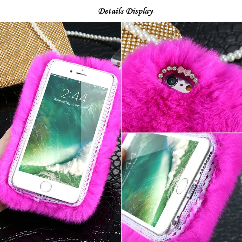 Rhinestone Bling Fluffy Rabbit Hair Case For iPhone 6 6S BOB (4)