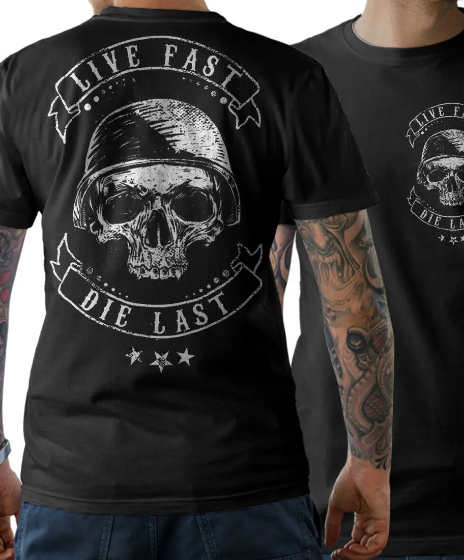 

Biker Skull Live Fast Motorrad Chopper Oldschool New 2019 Cotton Short-Sleeve T-Shirt Summer Short Sleeves Cotton Custom T Shirt