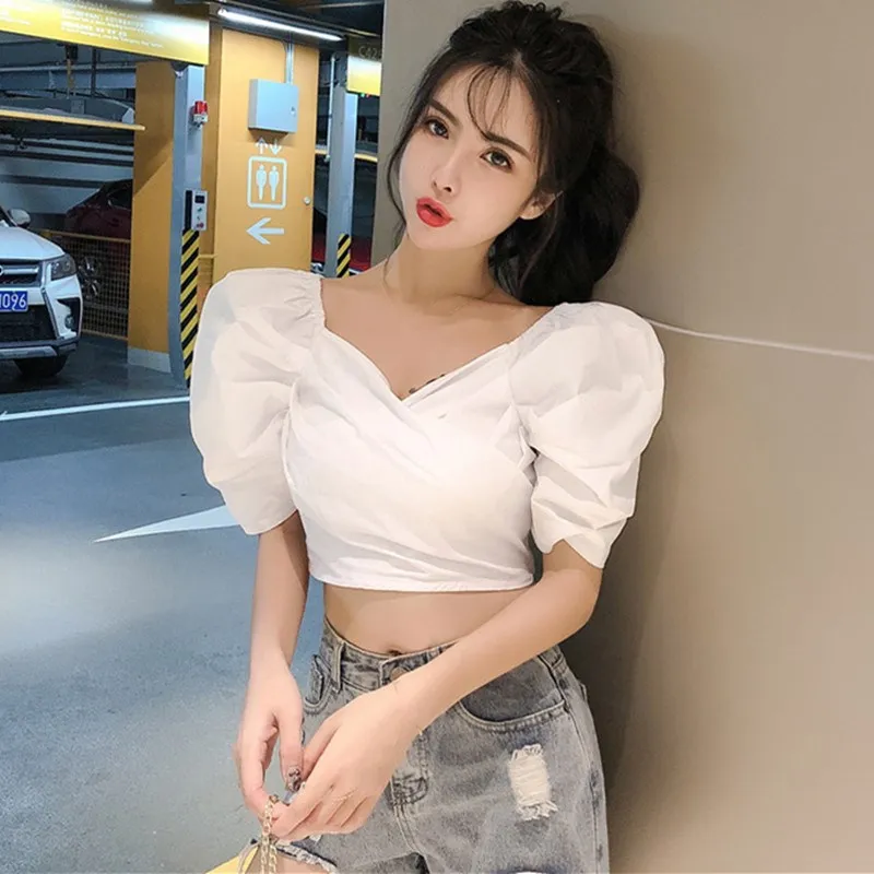 

2019 Sexy Off Shoulder Crop Tops Summer Women Puff Sleeve White Short Tops Korean Casual V Neck Blouses
