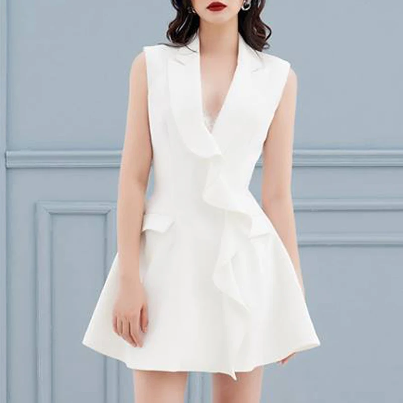 INDRESSME Элегантные линии твердого белого цвета без рукавов с глубоким v-образным вырезом Империя Вечерние сексуальные мини-платье Для женщин Бандажное платье Vestidos