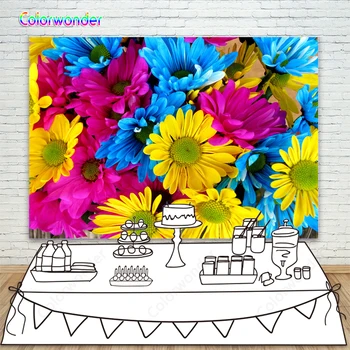 

Flowers World Photography Background Yellow Blue with Pink Sunflowers with Green Flower Cores 7x5ft Flower Backdrops for Wedding