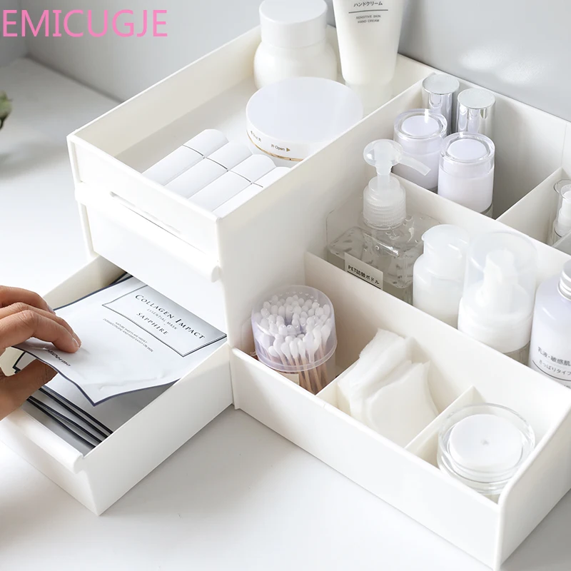 

Cosmetic Storage Box Large Plastic Dormitory Dressing Table Stationery Organizer Case Home Makeup Desktop Solid Color Drawer