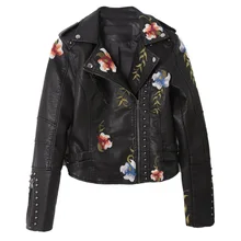 Весна и осень женская новая вышивка заклепки короткая куртка из ПУ куртка тонкая мотоциклетная куртка кожаная куртка