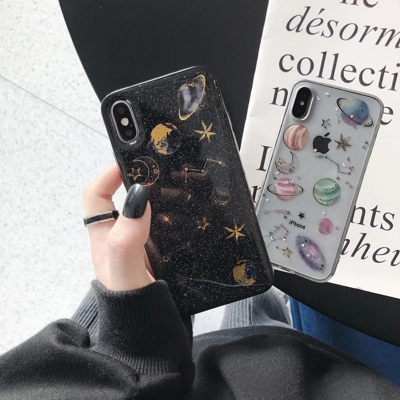 

Luxury Glitter Cute Space Planet Phone Case For iPhone XS MAX XR X 7 8 Plus Clear Soft Silicone Back Cover For iPhone 6 6S 7Plus