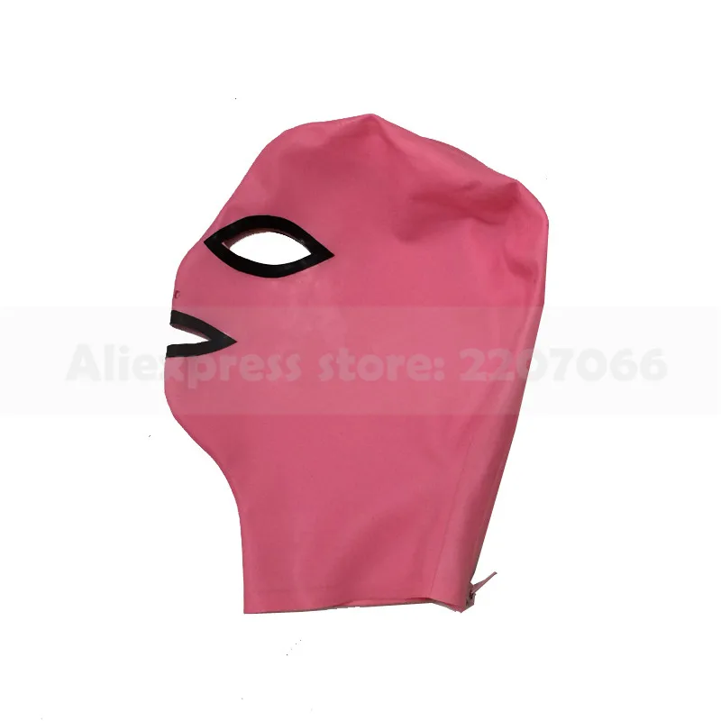 Унисекс Розовый и отделка черный латексный резиновый маска капюшон с задней молнией RLM011