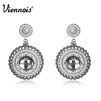 

Viennois Antique Silver Color women Round Dangle Earrings Rhinestone Vintage Crystal Earrings Simulated Pearl Drop Earrings
