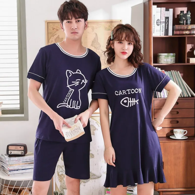 

Couples 100% Cotton Short Sleeve Nightgowns for Women Summer Sleepwear Cute Cartoon Home Dress Night Dress Nightdress Men Pyjama