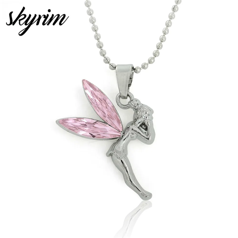 

Skyrim Fairy Peter Pan Flying Elf Girl Pendant Necklace Shining Pink Crystals Wings Charm Necklace With Ball Chain Kids' Gifts