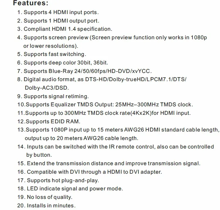 4 порта HDMI коммутатор 4x1 картинка-в-картинке PiP HDMI переключатель V1.4 Поддержка 3D полный HD 4k x2K для HDTV с ИК-пультом дистанционного управления