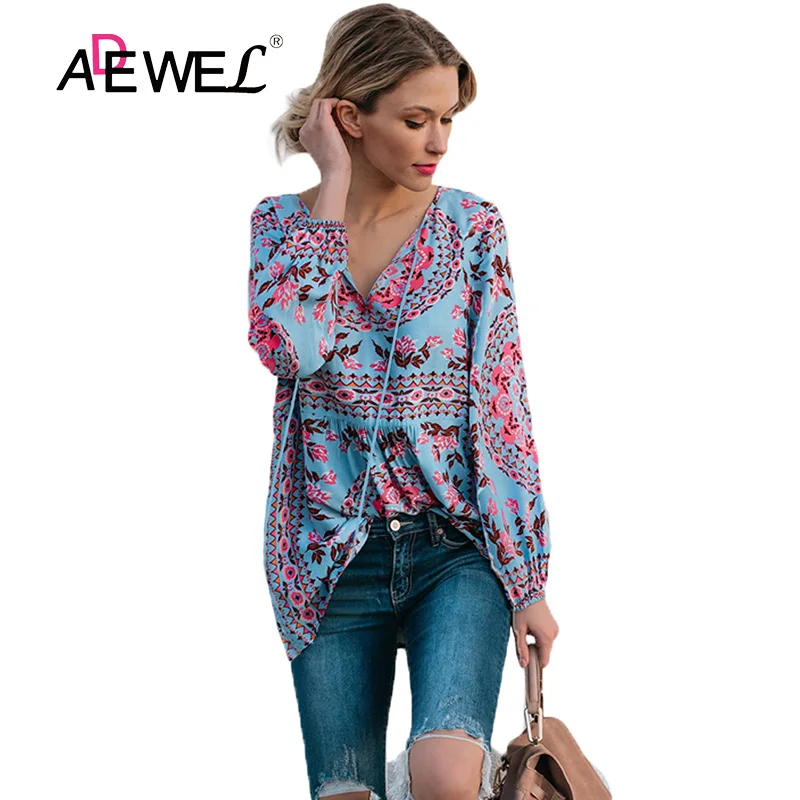 ADEWEL Casual Autumn Women Bohemian Print Blouse Sexy Three Quarter Sleeve V-neck Tops Blusas Plus size Female Blouses S-XXL
