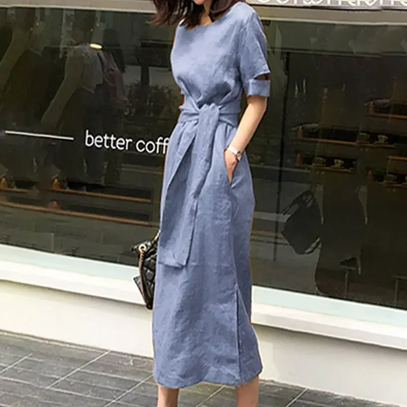Модное Простое Элегантное корейское длинное платье для женщин на шнуровке, шикарное синее уличное платье для путешествий, летнее офисное женское Повседневное платье макси - Цвет: Синий