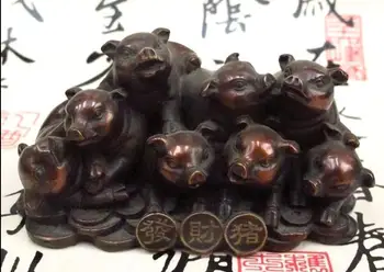 

China Feng Shui Bronze Carved Eight Wealth Money fortune pig Lucky statue