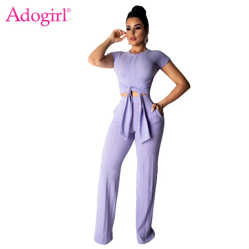 

Adogirl Solid Women Knitted Tracksuit High Stretchy Ribbed Front Tie Short Sleeve Crop Top + Wide Leg Pants Casual Two Piece Set