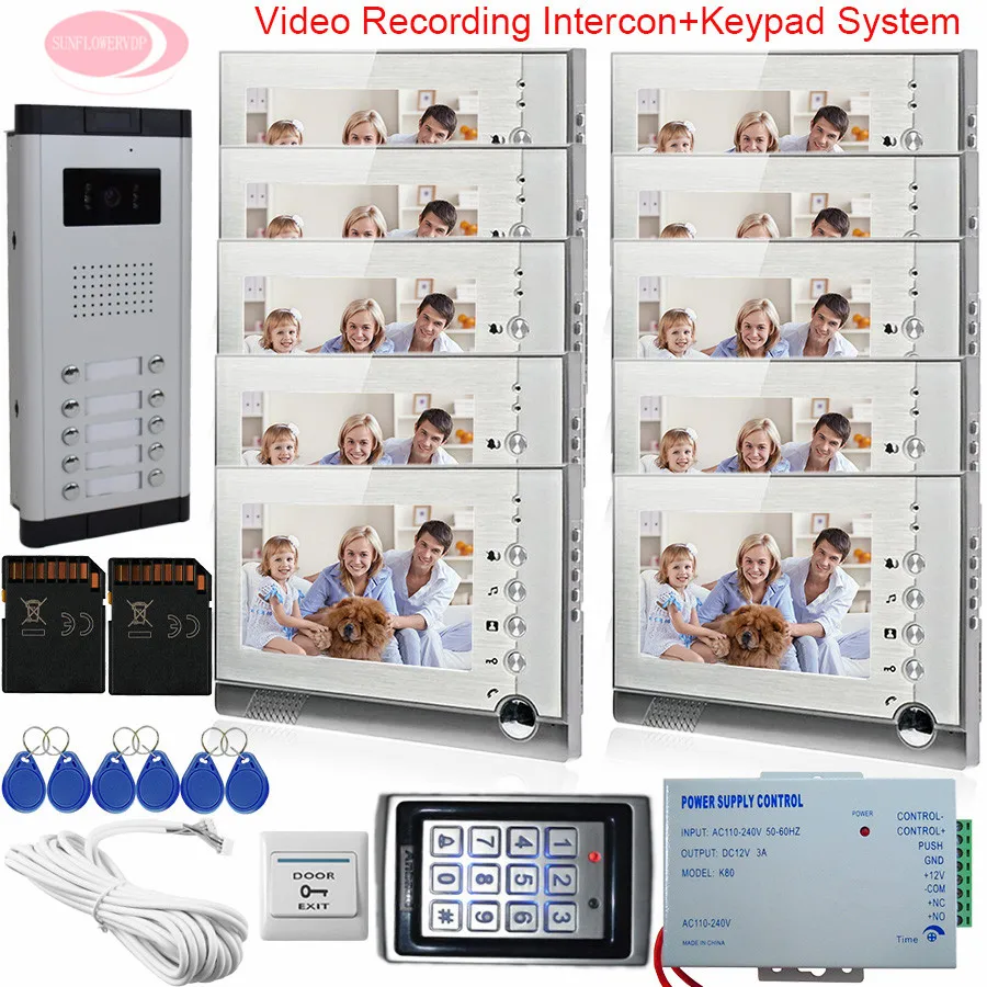 7Inch Video Intercom System For 10 Apartments Monitor For Video Intercom With Recording Home Phone +Keypad Access Control System 7Inch Video Intercom System For 10 Apartments Monitor For Video Intercom With Recording Home Phone +Keypad Access Control System