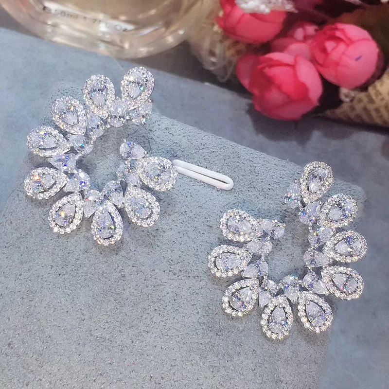 Оригинальные Роскошные ААА кубические циркония чистые цветы капли воды симметричные камни маркиза большие серьги гвоздики, Женские Ювелирные изделия E7316