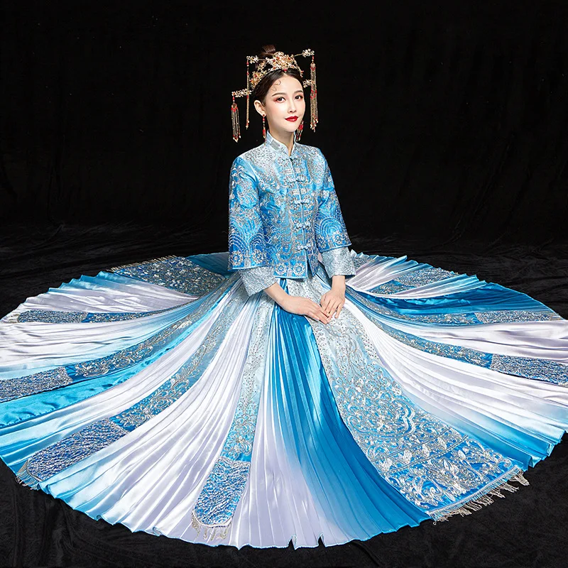 

Explosion Models Blue Bride Show Wo Suit Chinese Wedding Dress Dragon And Phoenix Retro Improved Pleated Skirt Toast Dress