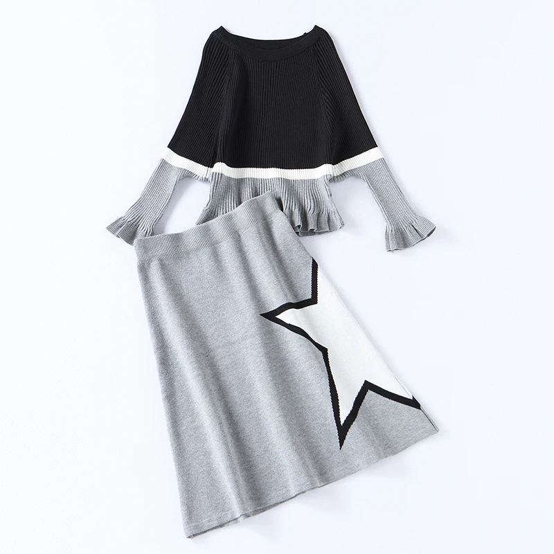 New Collection Women Knitted Three Quarter Batwing Sleeve Patchwork Colors Star Pattern Pullovers Knee-length Skirts Ladies Sets | Женская