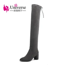 Женские сапоги до колена из эластичной ткани; зимние сапоги на среднем каблуке; короткие сапоги до бедра с плюшевой подкладкой; G413