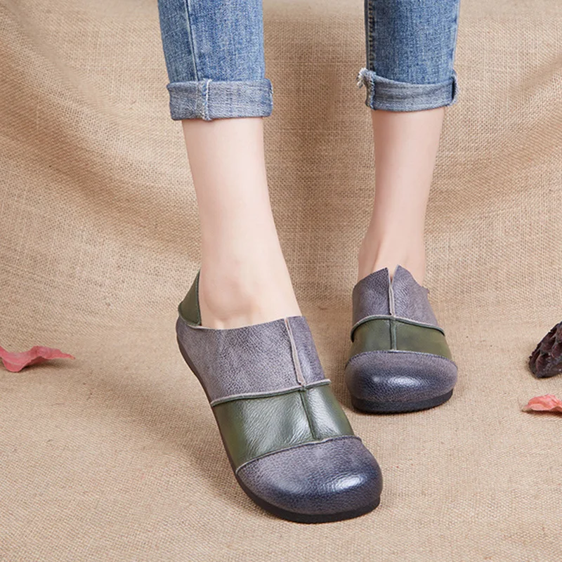 

New 2019 Women Flats Round Toe Slip On Women Genuine Leather Shoes Stripe Color Red Blue Soft Comfortable Women Loafers Shoes