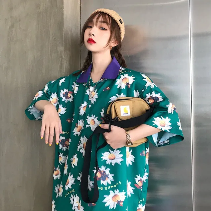 

Contrast Turndown Collar Button Loose Floral Graphic Print Blouse Women Man Korean Streetwear Harajuku Shirt Top Plus Size Baggy