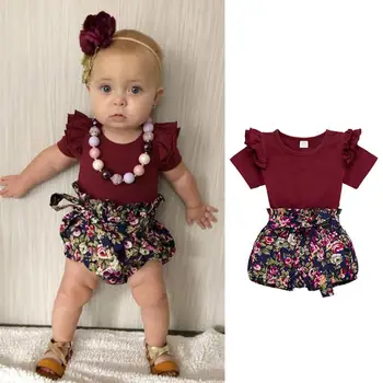 

Newborn Infant Baby Girls Clothes Summer kids Girl Ruffled Romper Bodysuit +Floral Printed PP Shorts Outfits