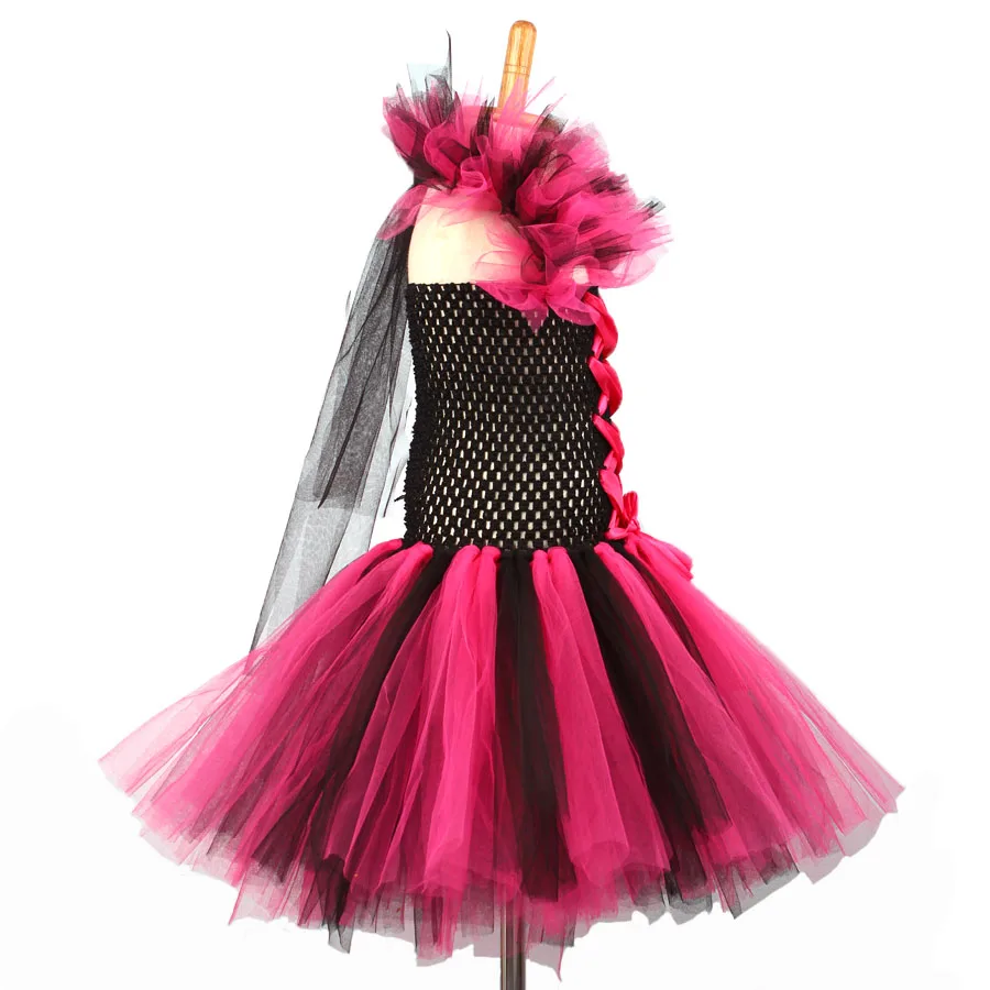 Halloween Girl Witch Hot Pink Black Cosplay Tutu Dress Knee Length Evening Party Dress Kids Holidays Tutus Purim Dress (10)