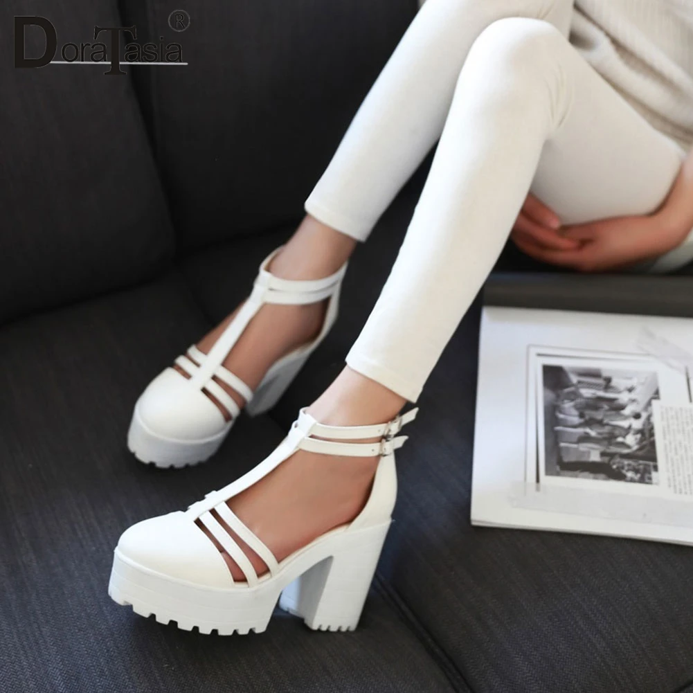 

DoraTasia Plus Size 34-46 Sweet Solid T-strap Sandals Women Platform Gladiator High Heels Sandals Concise Girl Date Footwear