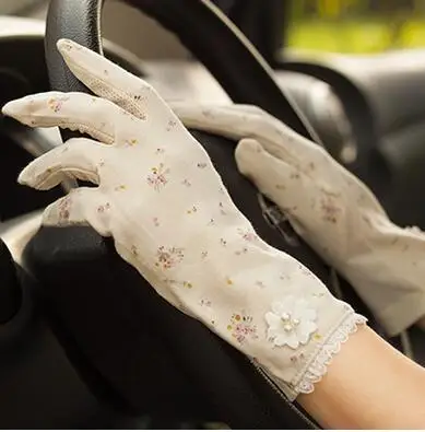 Женские винтажные розовые кружевные хлопковые перчатки на весну и лето, женские противоскользящие короткие тонкие перчатки для вождения R389 - Цвет: cream