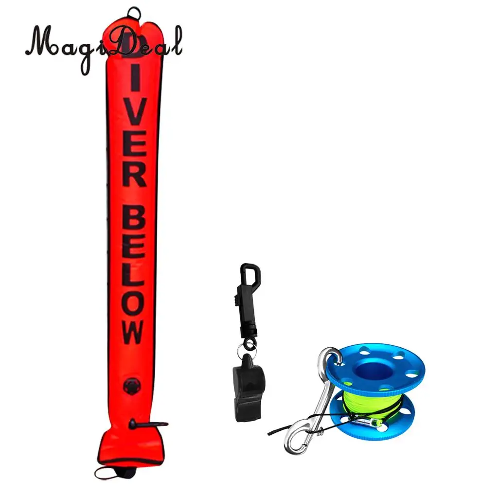 4FT Scuba Diving (SMB) Surface Marker Buoy Diver Signal Tube Orange + Dive Finger Spool Reel + Safety Emergency Whistle Black