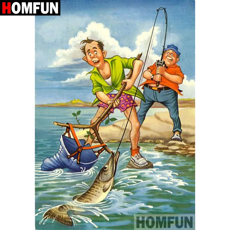 HOMFUN 5D DIY Diamant Malerei Voll Platz Runde Bohrer Cartoon Angeln 