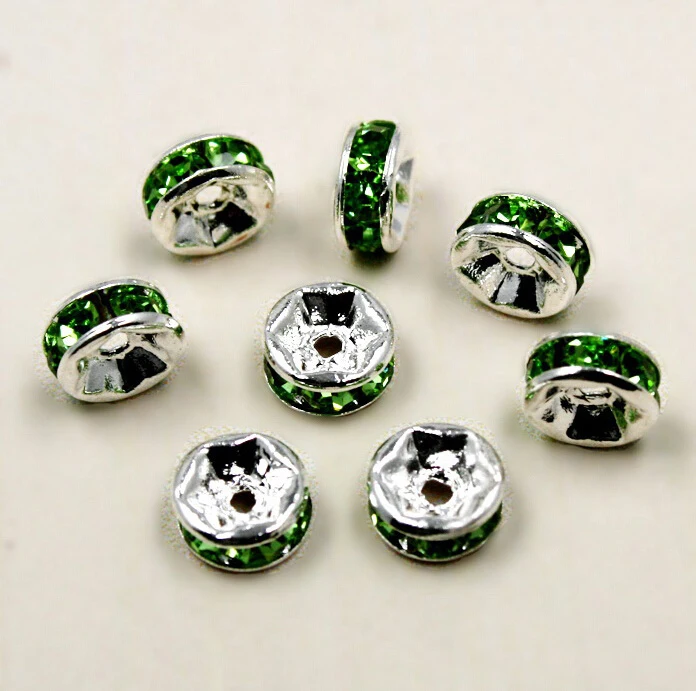 

50pcs/lot 6mm Silver Plated Green Rondelle Loose Rhinestone Spacer Beads for Jewelry Making CN-BJA018-39