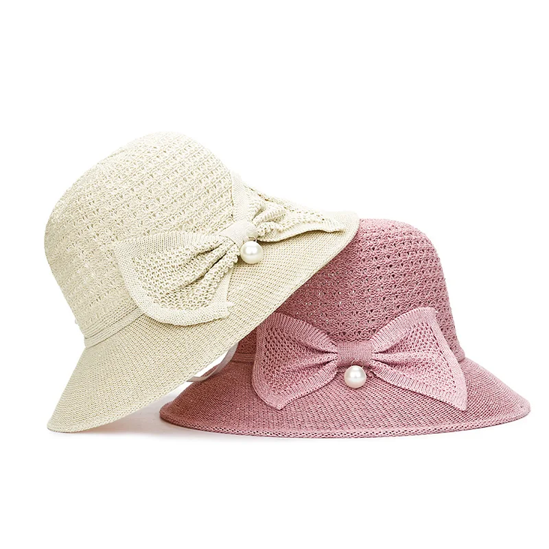 Raglaido/летние шапки для женщин с бантом, жемчужная шляпа от солнца, модная открытая вязаная фетровая шляпа для девочек, уличная ветряная веревочная шляпа