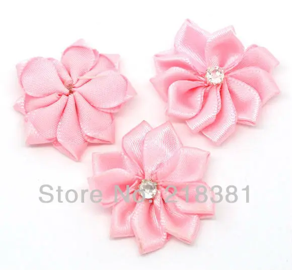 

40pcs Pink Color satin ribbon flower with Rhinestones For Scrapbooks/ DIY 28-30mm A00601