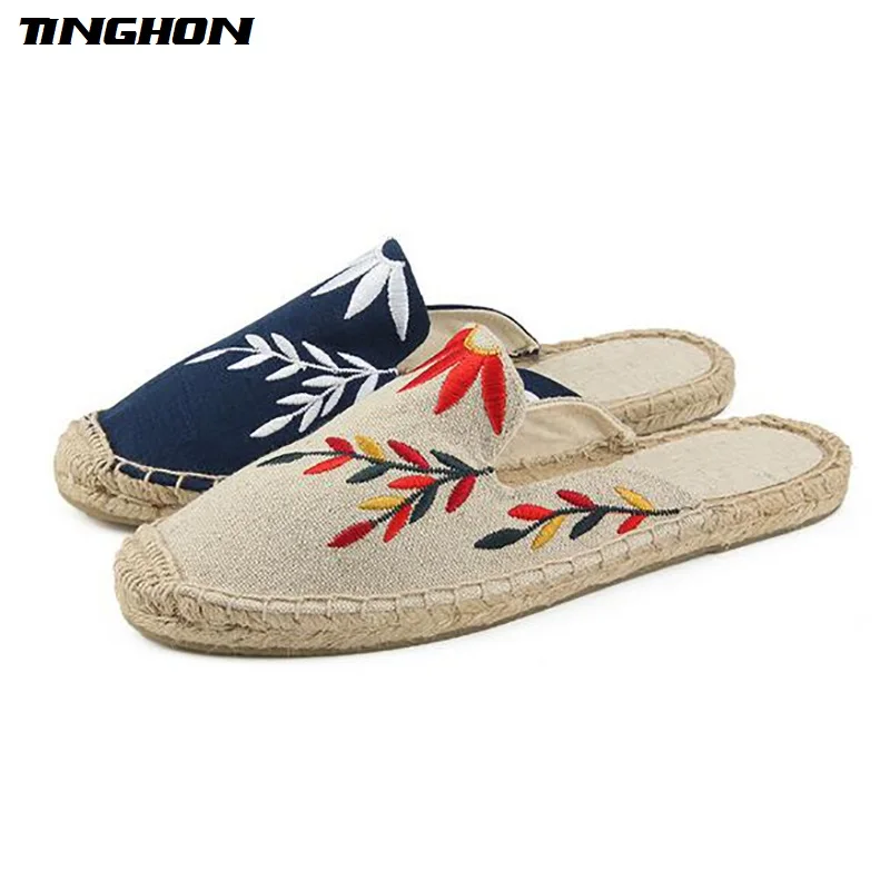 

TINGHON Fashion Women Ladies Espadrille Shoes Canvas Embroidered leaves Hemps Fisherman Flats Shoes