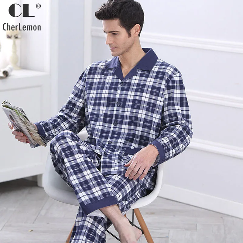 CherLemon Knitted Cotton Sleepwear Mens Full Length Top and Pants Pyjama Set Classic Plaid Male
