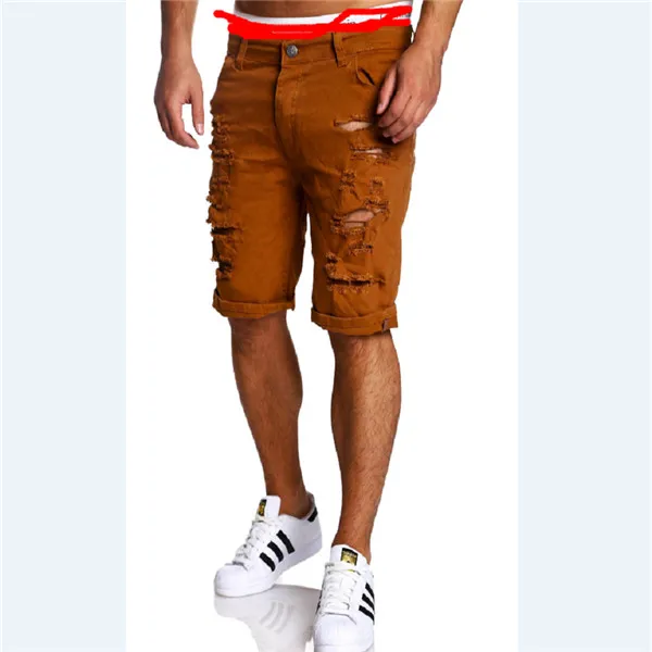 Модные мужские Ретро Эластичные Обтягивающие потертые короткие шорты рваные джинсовые мужские повседневные шорты до колена - Цвет: Коричневый