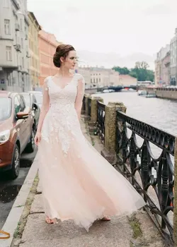 

Elegant Blush Pink Lace Wedding Dresses Sexy V Neck Half Sleeves applique Lace Boho Wedding Gowns Floor Length Beach Bridal Gown