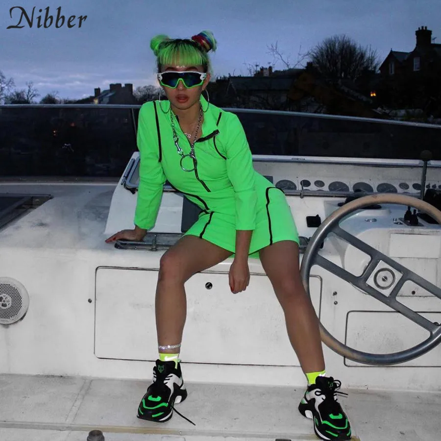 

Nibber 2019spring Fluorescent color full sleeve mini dress women hot fashion Stripe splicing Turtleneck Basic Solid Casual dress