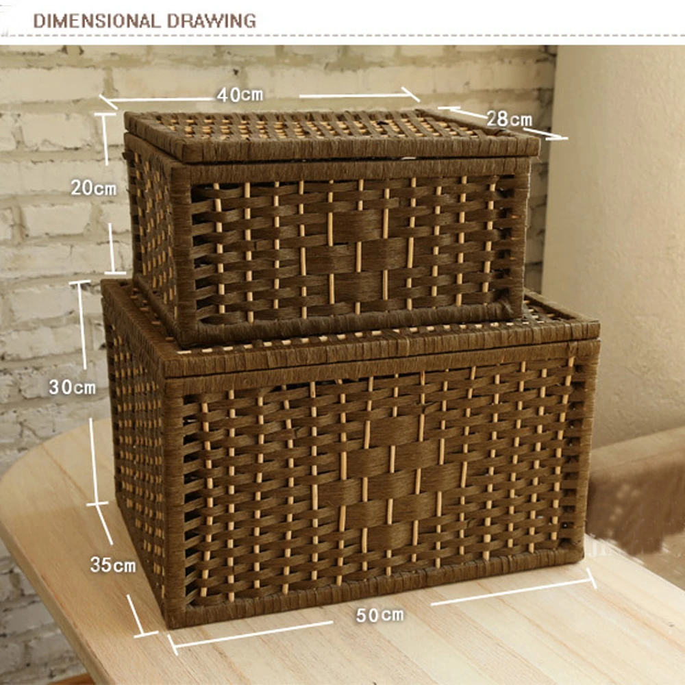 Laundry Storage baskets container Paper rope Cloth Storage Rectangular Basket with lid Decorative Wood Organizer Box Large Small