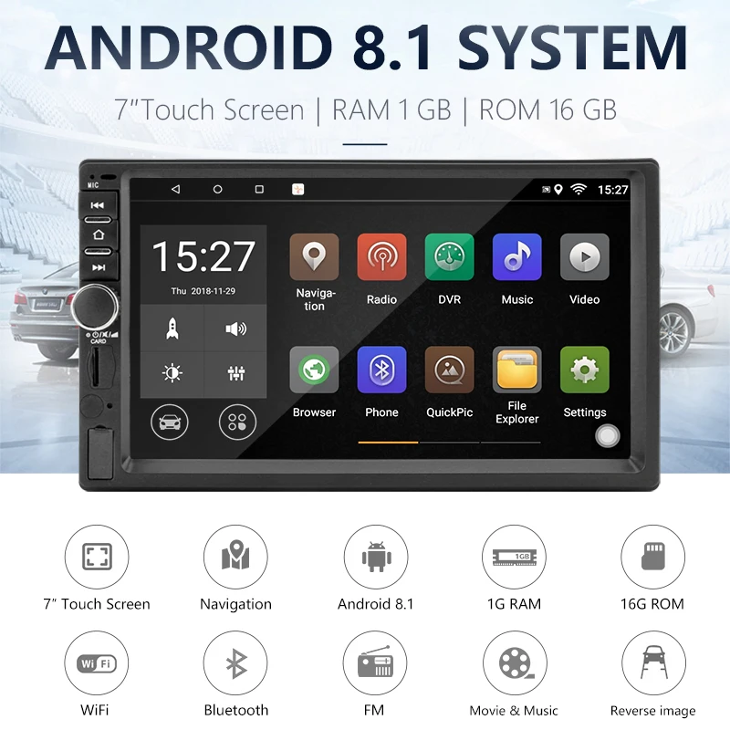 Flash Deal Jansite 7" Universal 2 din Car Radio Android 8.1 player DVD 1080P Touch screen Bluetooth Function car stereo with Backup camera 1