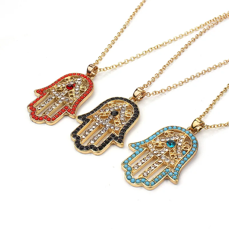 Женское ожерелье с подвеской Хамса кристаллами|necklace jewelry|gold necklacehamsa hand pendant |