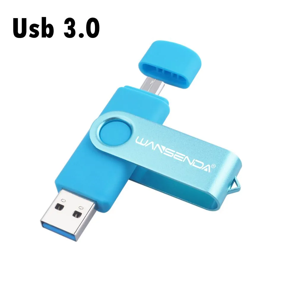 WANSENDA OTG USB 3,0 USB флеш-накопитель 16 ГБ 32 ГБ Двусторонняя ручка-накопитель для Android мобильного телефона 64 Гб USB флешка 128 ГБ 256 Гб флешки - Цвет: Blue