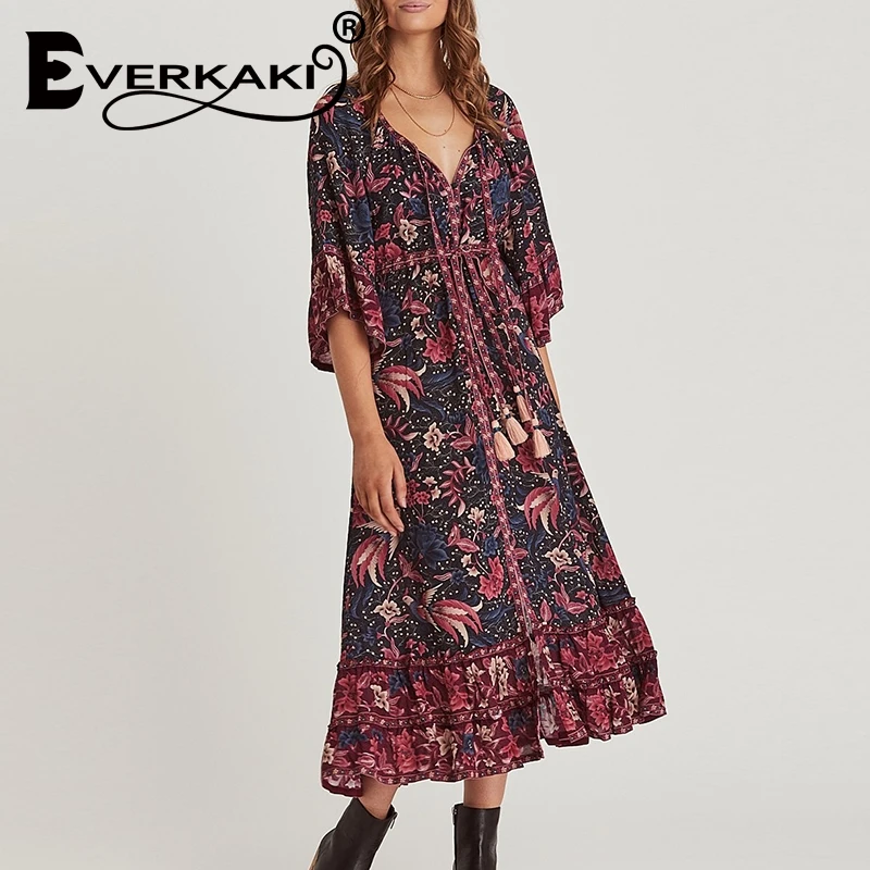 Everkaki Boho Винтаж феникс птица печати Макси платье для женщин Новая мода кисточкой пояса однобортный пляжные Длинные платья Vestido