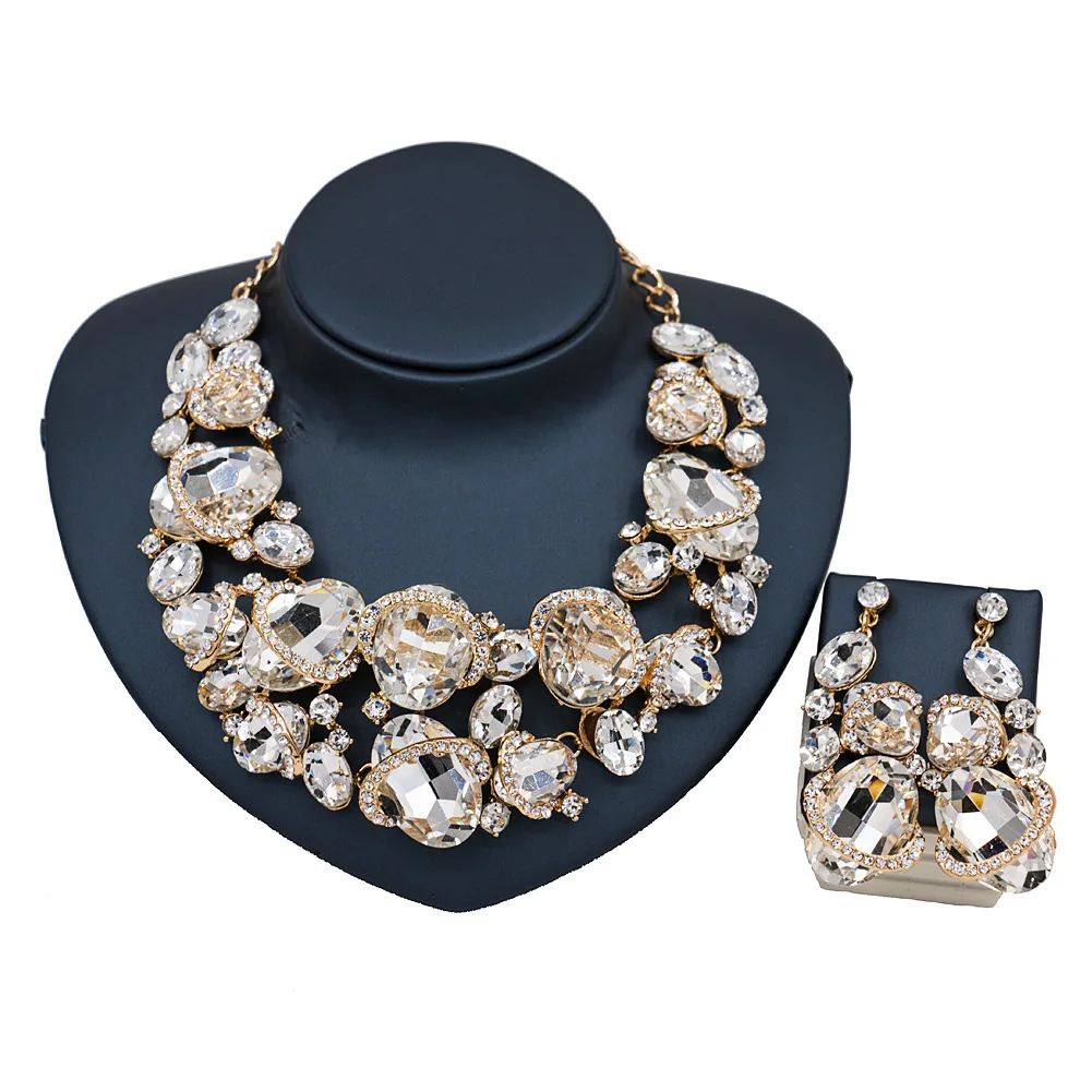 

Dealky Nigerian Wedding Jewelry Set Beads 2 Pcs Fashion Luxury White Jewelry Set for Women Party