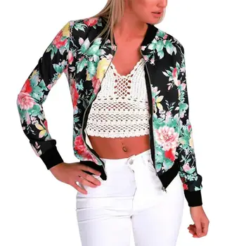 

Autumn Winter Floral Bomber jacket Fashion Women Ladies Long Sleeve Short Coat Jacket Printed Zip Top Outwear Streetwear WS1410V