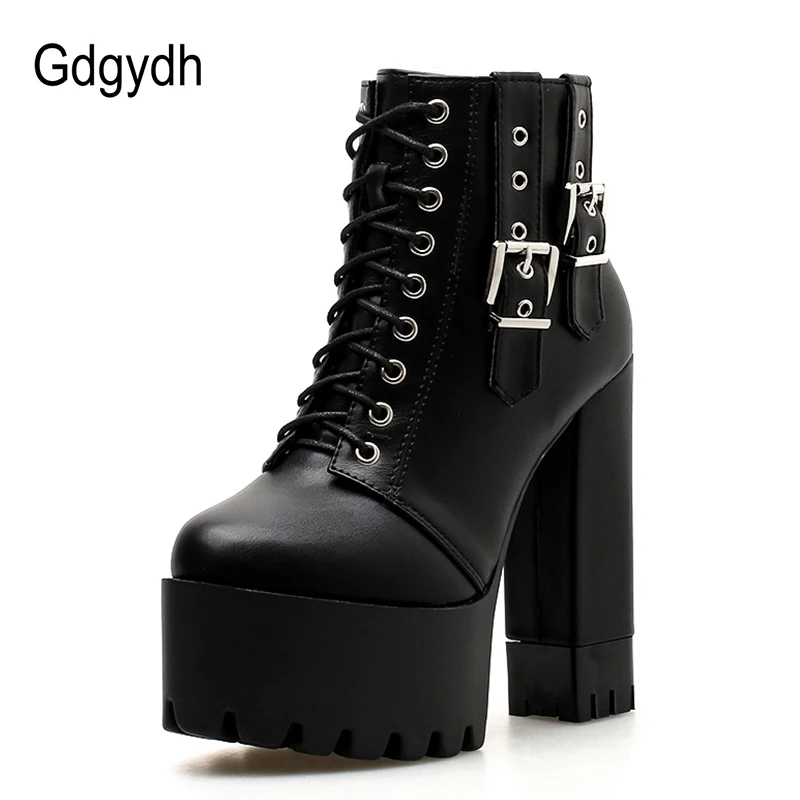 Skup Gdgydh kobiety sznurowanie szpilki botki platformy buty damskie klamerka do butów okrągłe Toe panie Party buty gumowa podeszwa promocja